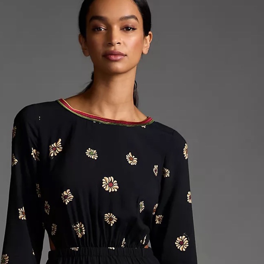 Farm Rio Long-Sleeve Floral Cutout Jumpsuit - Picture 9 of 15